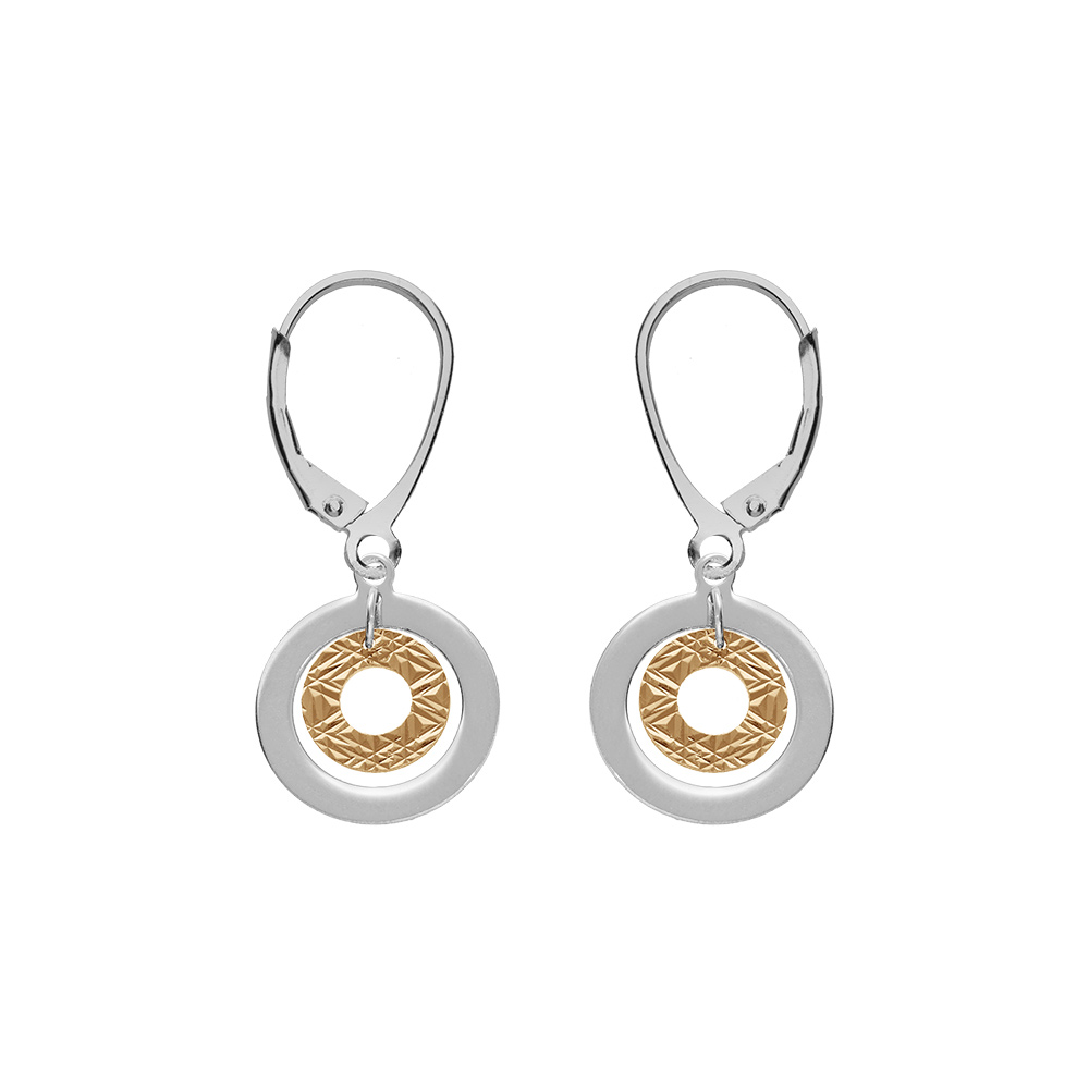 Boucles d'oreille bicolore en argent rhodié et dorure jaune double cercle suspendu et fermoir dormeuse