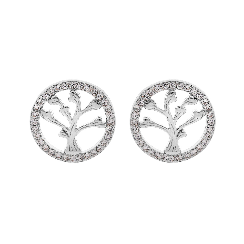 Boucles d'oreille en argent rhodié arbre de vie contour oxydes blancs sertis et fermoir poussette