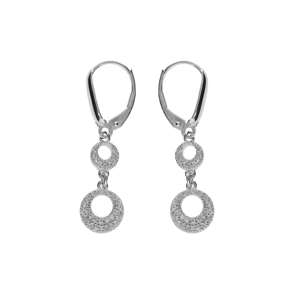Boucles d'oreille dormeuse argent rhodié 2 cercles évidé oxydes blancs