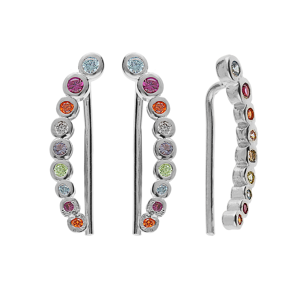 Boucles d'oreille en argent rhodié chemin d'oreille oxydes multi couleurs forme pétales et fermoir crochet