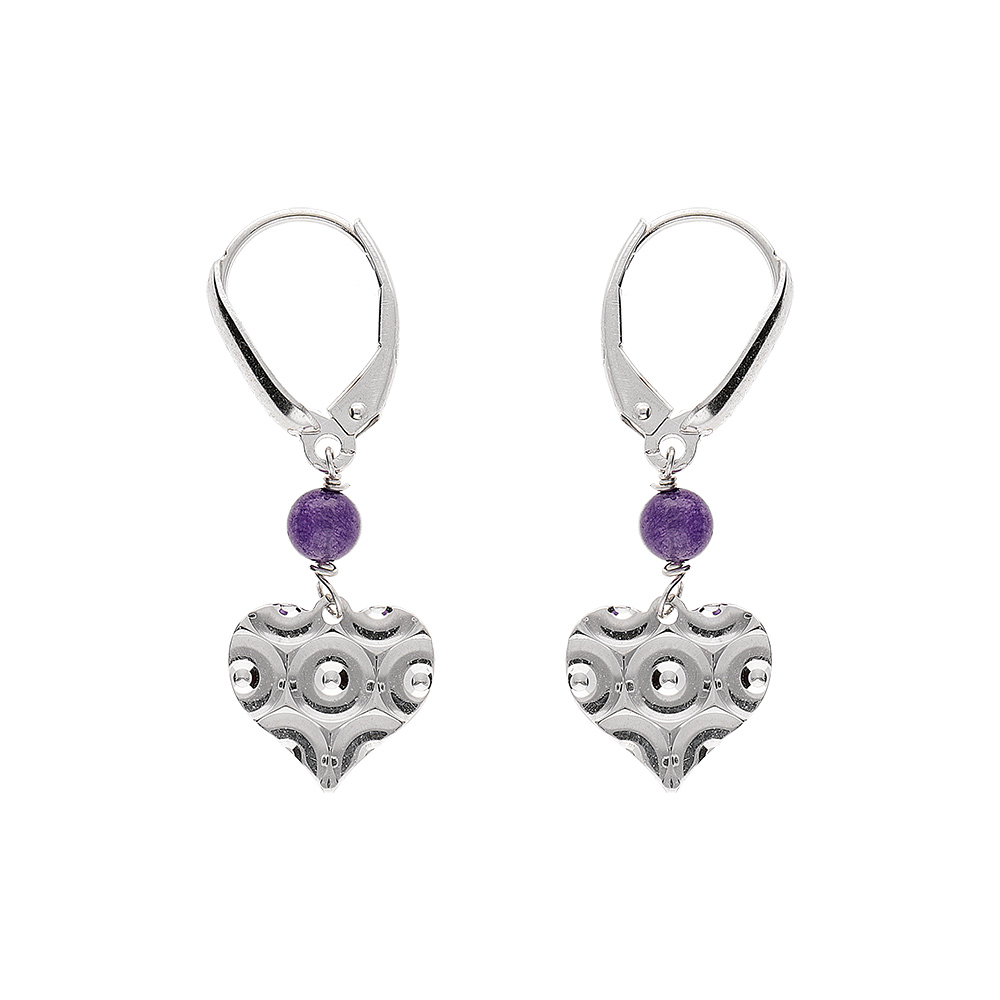 Boucles d'oreille dormeuse argent rhodié coeur martelé avec 1 boule jade violette véritable