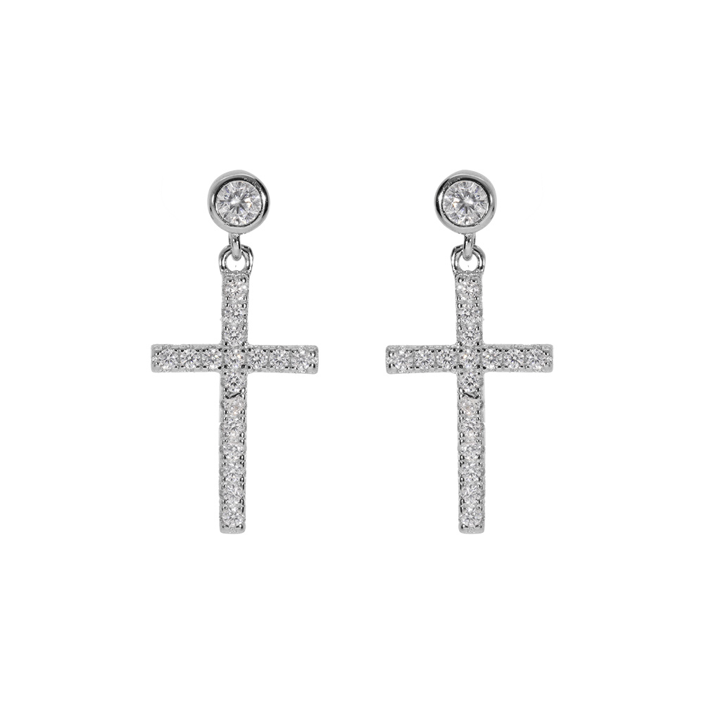 Boucles d'oreille en argent rhodié oxyde croix suspendue avec oxydes blancs sertis 17x10mm et fermoir poussette
