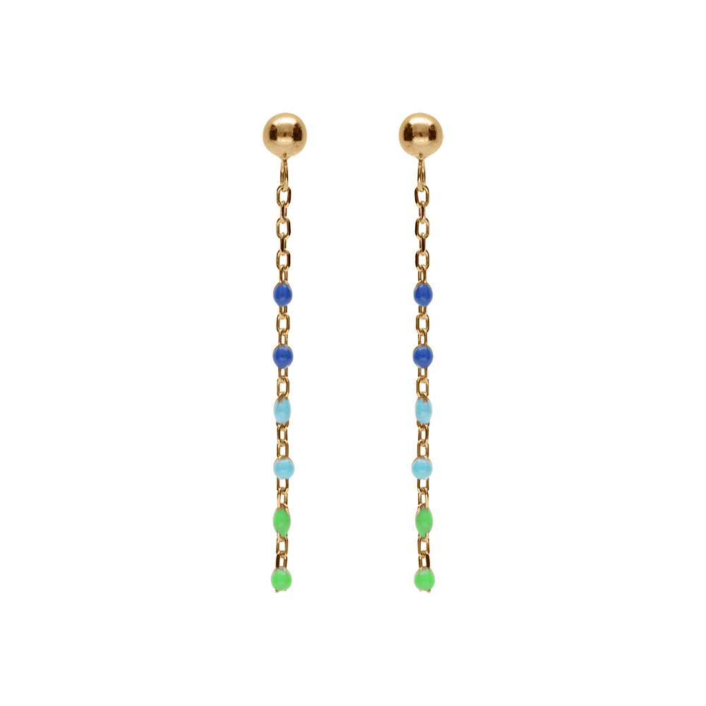 Boucles d'oreille tige en argent et dorure jaune olive, résine multicolore dégradé bleu vert
