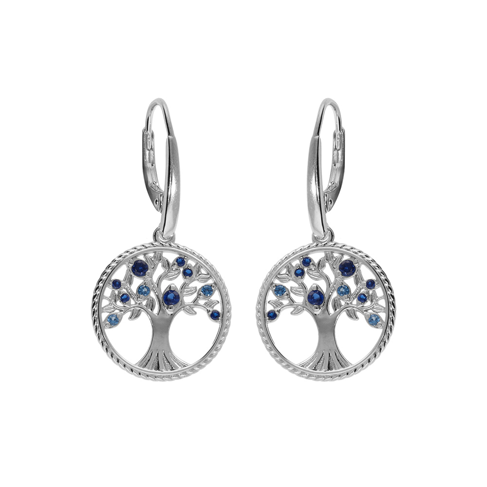 Boucles d'oreille en argent rhodié anneau avec arbre de vie contour perlé et oxydes tons bleu fermoir crochet