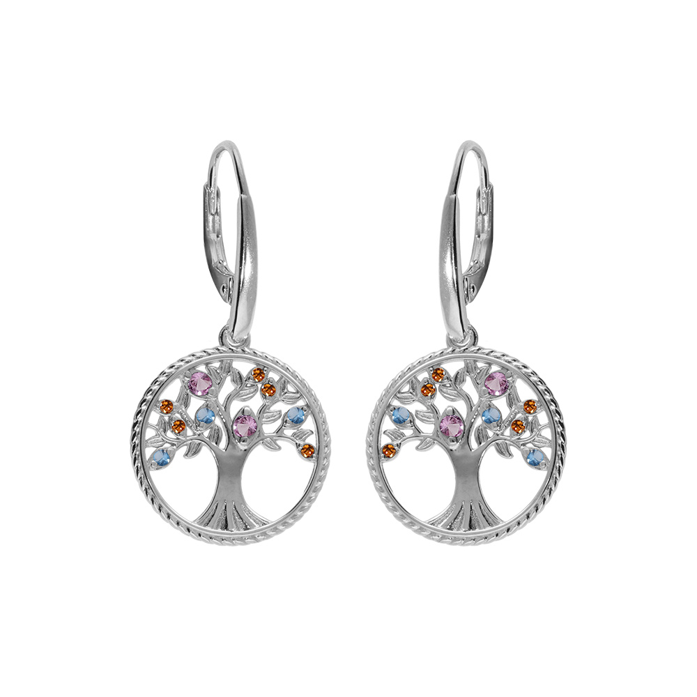 Boucles d'oreille en argent rhodié anneau avec arbre de vie contour perlé et oxydes multi couleurs fermoir crochet