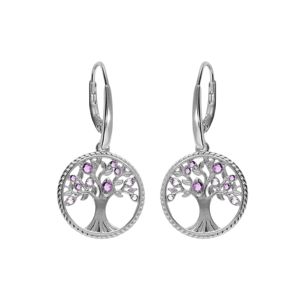 Boucles d'oreille en argent rhodié anneau avec arbre de vie contour perlé et oxydes tons violet fermoir crochet