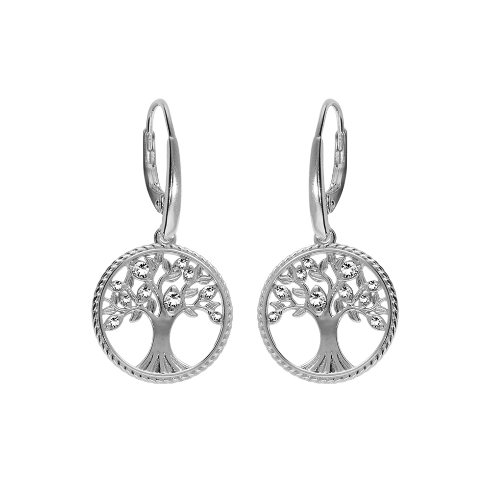 Boucles d'oreille en argent rhodié anneau avec arbre de vie contour perlé et oxydes blancs fermoir crochet