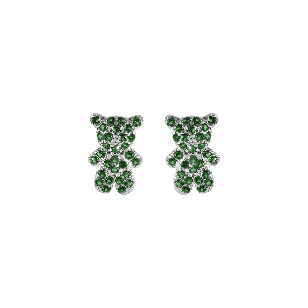 Boucles d'oreille tige en argent ourson oxydes verts