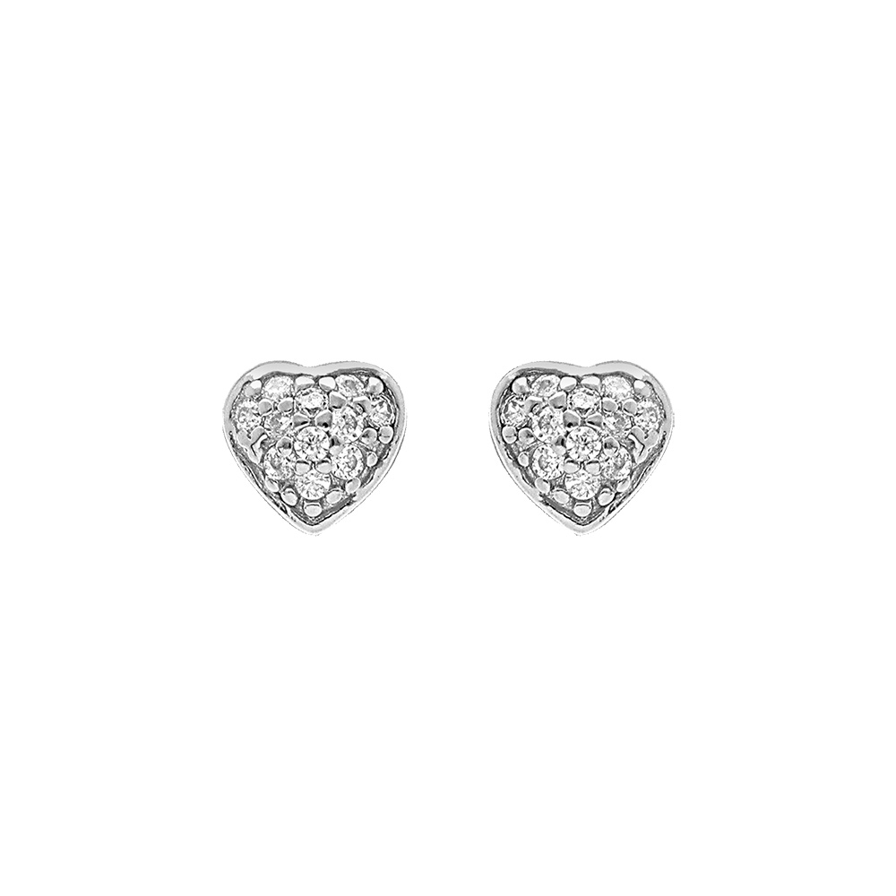 Boucles d'oreilles en argent rhodié coeur orné d'oxydes blancs et fermoir poussette