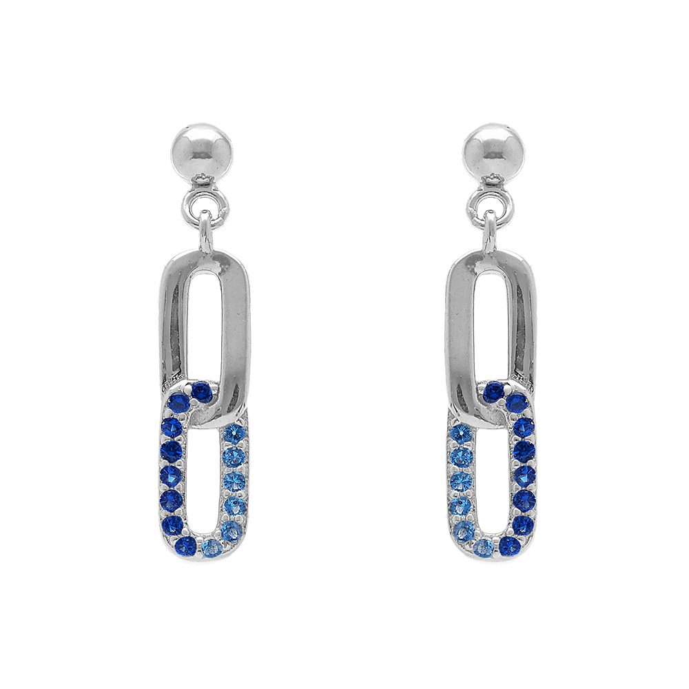 Boucles d'oreille pendantes tige en argent rhodié  composées de deux  rectangles entrelacés un lisse et un paré d'oxydes bleus sertis