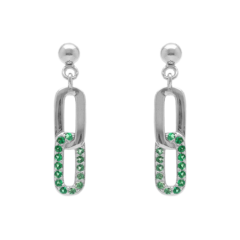 Boucles d'oreille pendantes tige en argent rhodié  composées de deux  rectangles entrelacés un lisse et un paré d'oxydes verts sertis