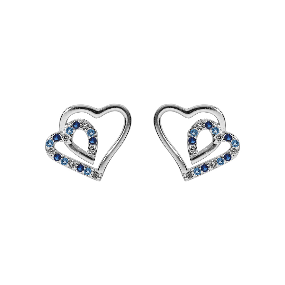 Boucles d'oreille tige en argent rhodié double coeur 10mm contour oxydes bleus et blancs