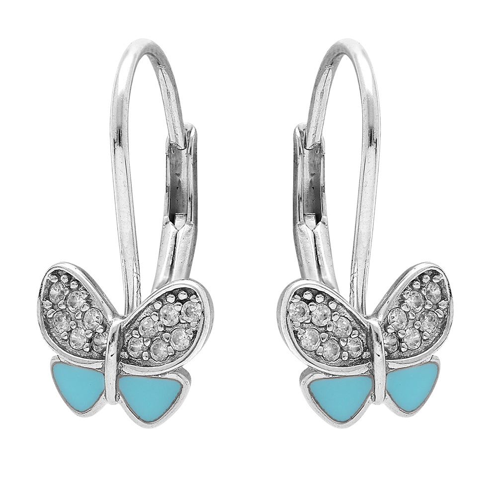 Boucles d'oreille dormeuse en argent rhodié motif papillon résine bleu ciel et oxydes blancs