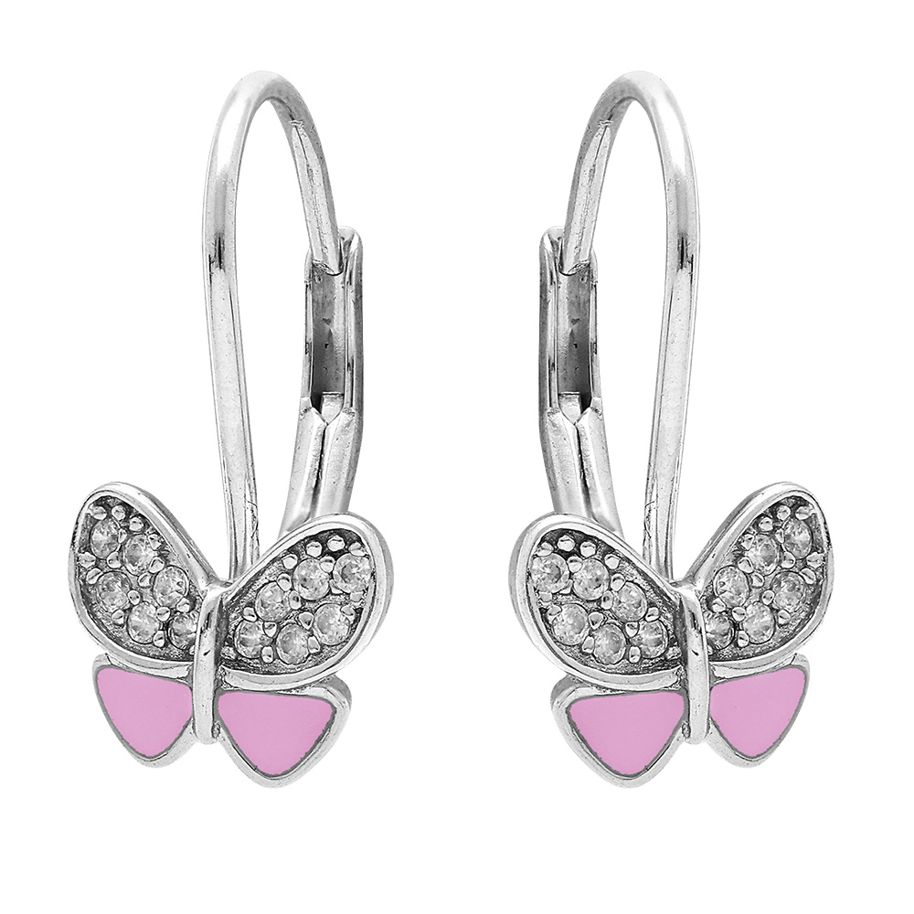 Boucles d'oreille dormeuse en argent rhodié motif papillon résine rose et oxydes blancs