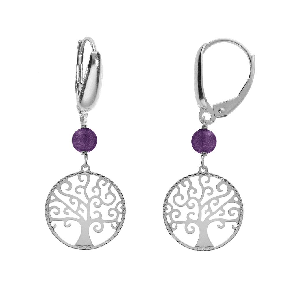 Boucles d'oreille dormeuse argent rhodié arbre de vie 15mm et boule jade violette véritable