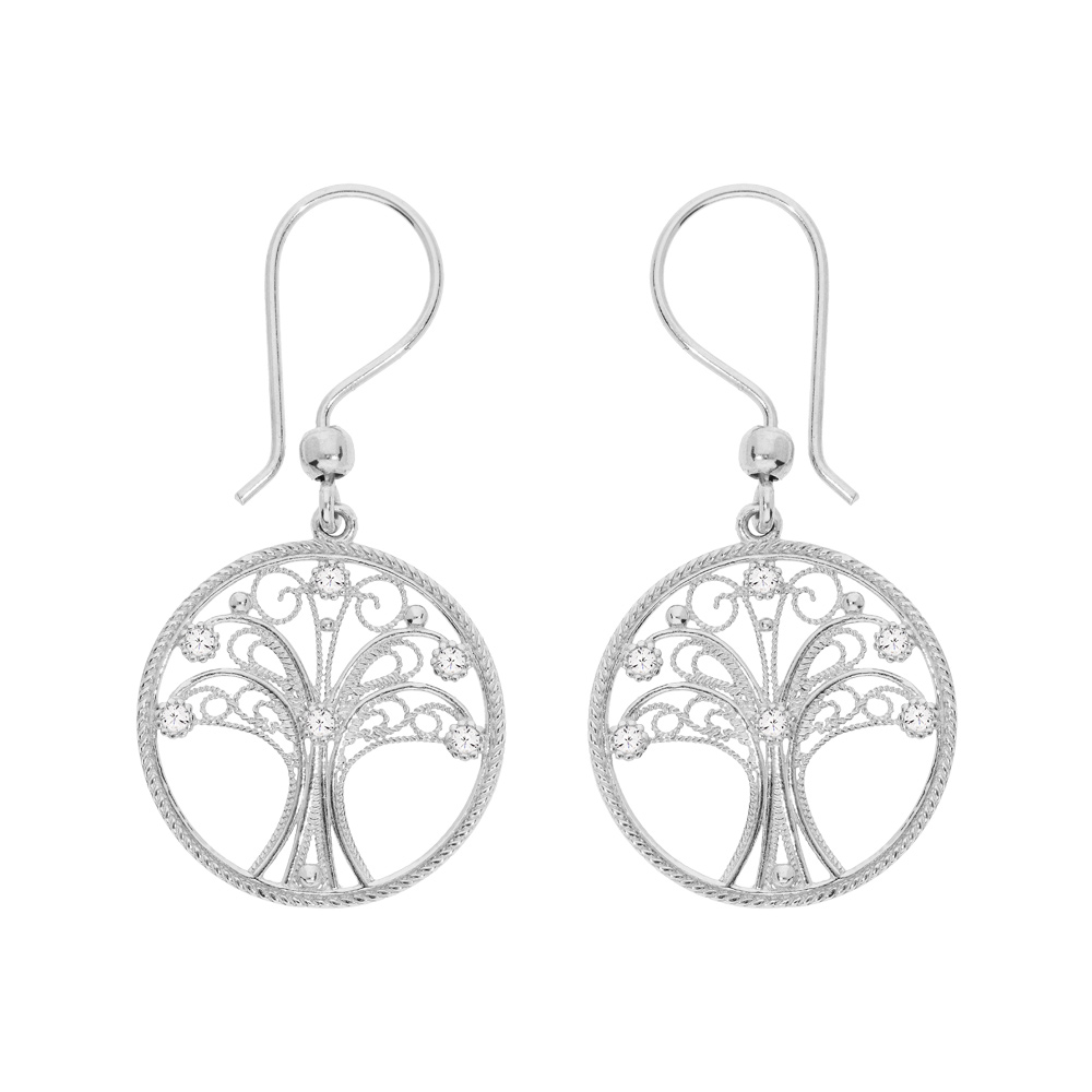 Boucles d'oreille en argent rhodié cercle suspendu avec arbre de vie en filigrane et oxydes blancs sertis fermoir crochet