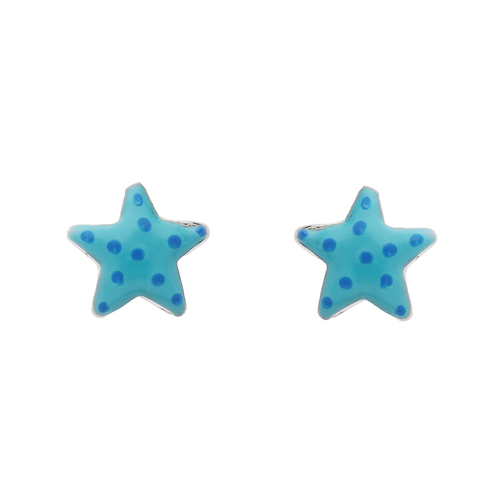 Boucles d'oreilles enfant en argent rhodié étoile de mer bleue et fermoir poussette