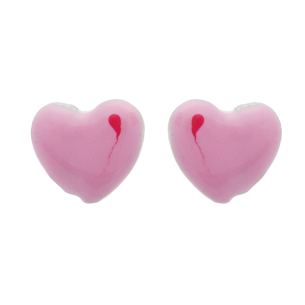 Boucles d'oreilles pour enfant en argent rhodié coeur rose et fermoir poussette
