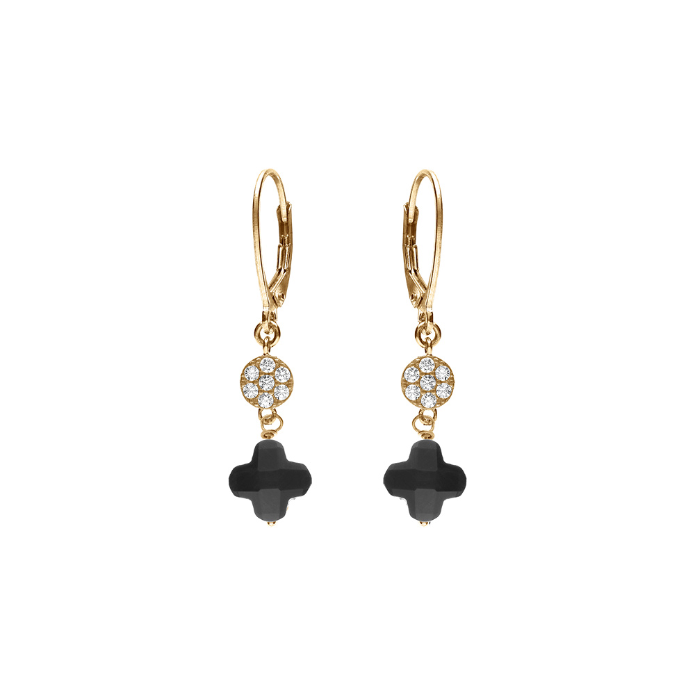 Boucles d'oreille crochet en argent doré trèfle en verre noir et fleurs oxydes blancs