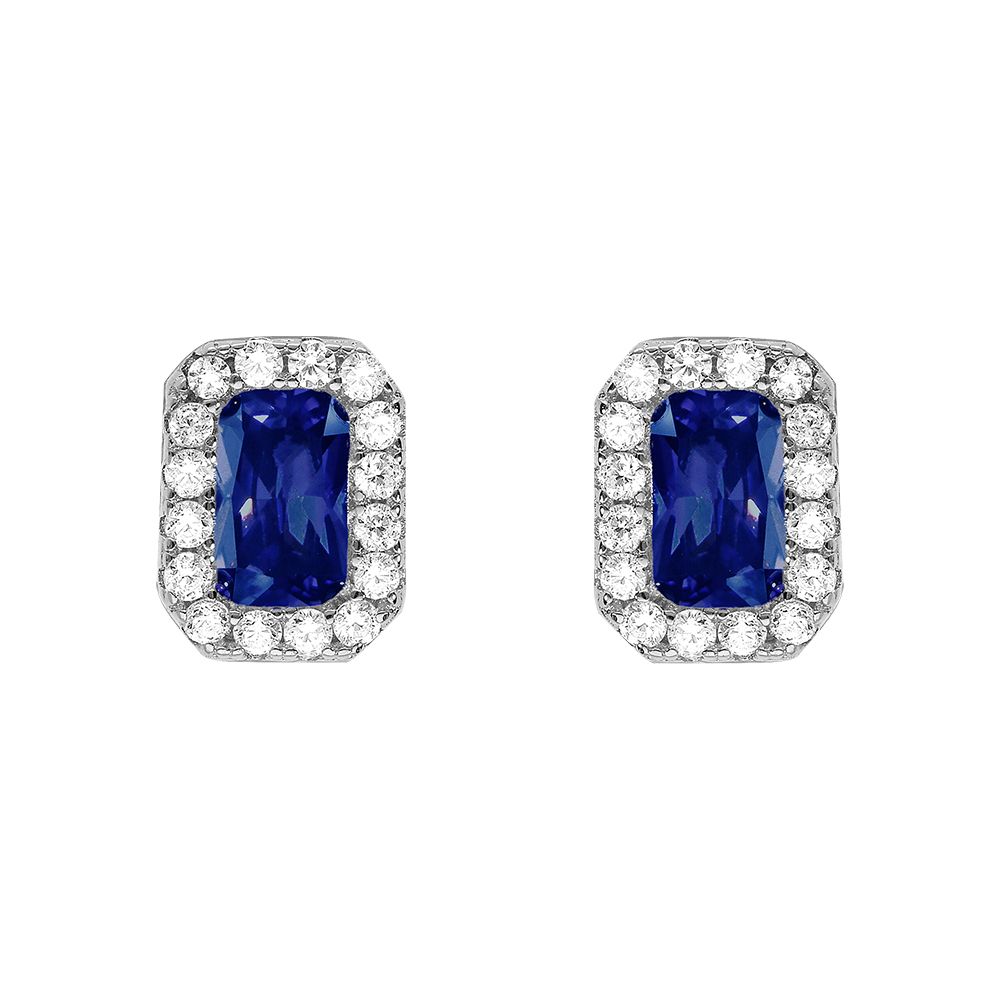 Boucles d'oreille tige en argent rhodié forme rectangulaire oxyde bleu et contour oxydes blancs sertis