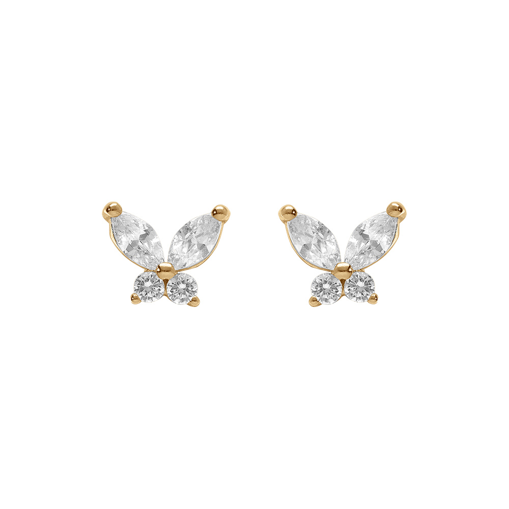 Boucles d'oreille tige en argent doré, papillon oxydes blancs foncé sertis