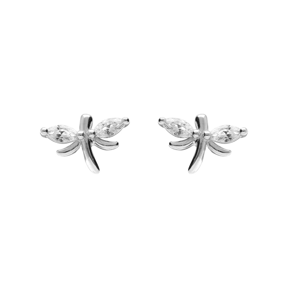 Boucles d'oreille tige en argent rhodié libellule oxydes blancs sertis