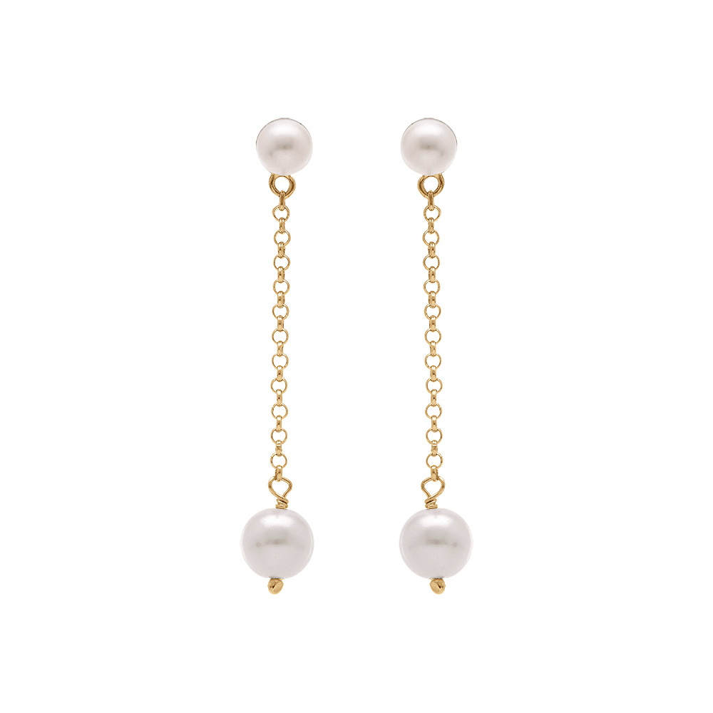 Boucles d'oreille tige pendante en argent doré deux perles blanches imitation
