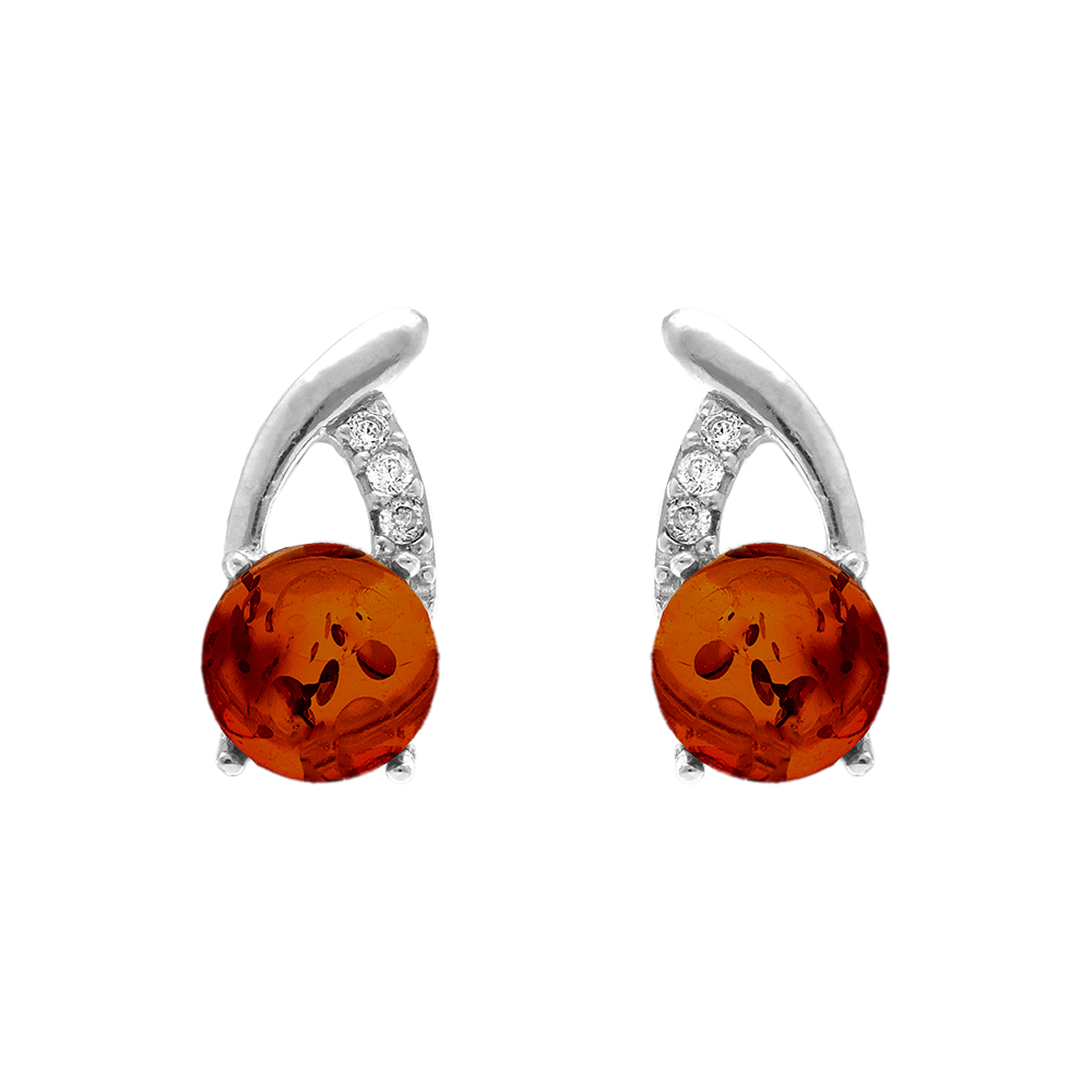 Boucles d'oreille tige en argent rhodié avec pierre ronde d'ambre véritable placée en bas de chaque boucle.au dessus une courbe avec oxydes blancs
