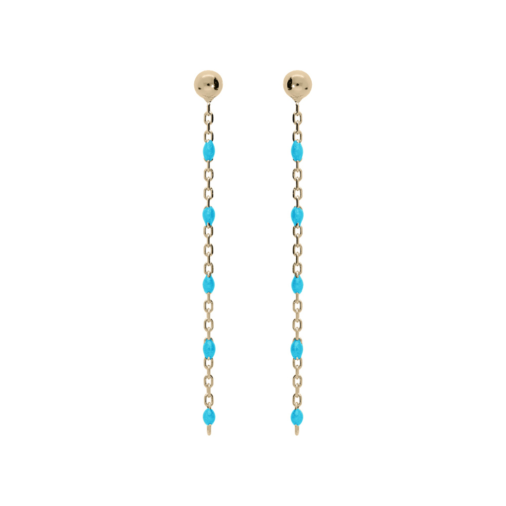 Boucles d'oreille en argent et dorure jaune chaînette avec perles couleur turquoise et fermoir pousette