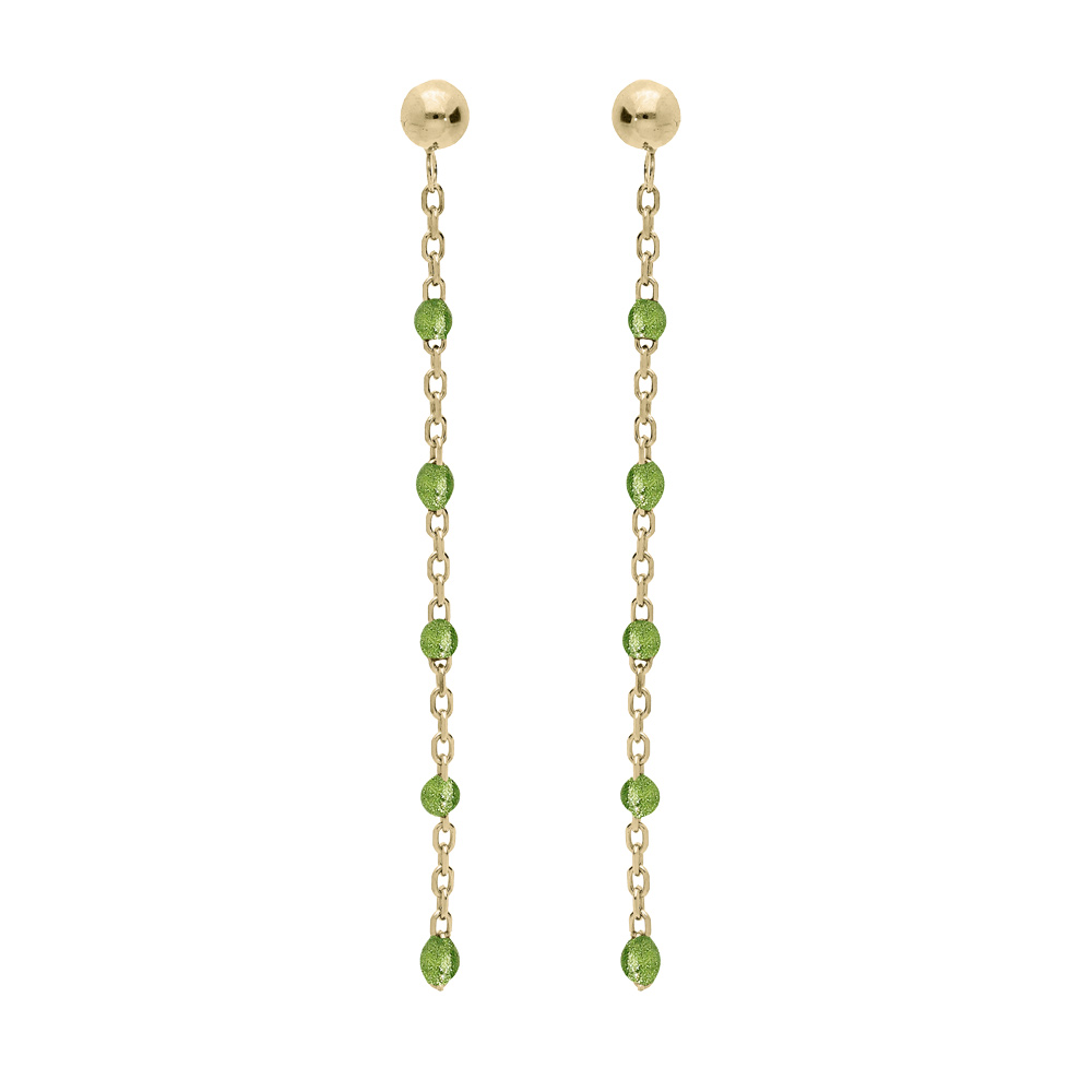 Boucles d'oreille en argent et dorure jaune chaînette avec olives couleur vert et fermoir poussette