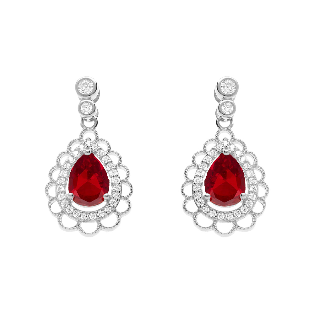 Boucles d'oreille tige en argent rhodié goutte rouge et halo d'oxydes