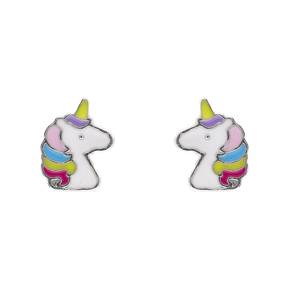 Boucles d'oreille tige argent rhodié tête licorne multicolore
