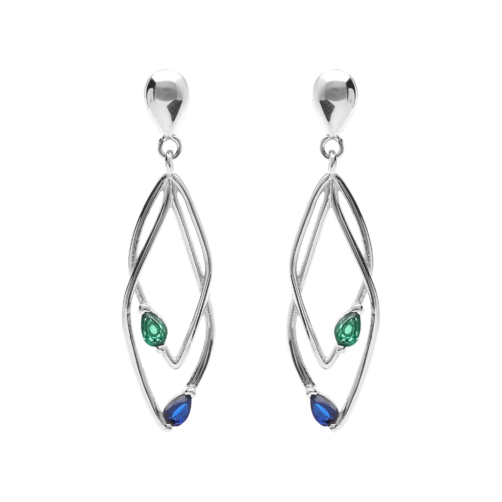 Boucles d'oreille tige en argent rhodié deux  losanges entrelacés avec oxydes bleu et vert serti