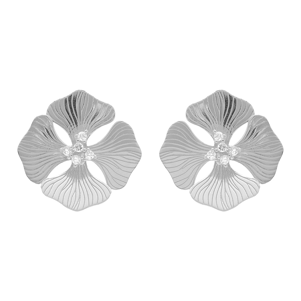 Boucles d'oreille tige en argent rhodié motif fleur et oxydes blancs