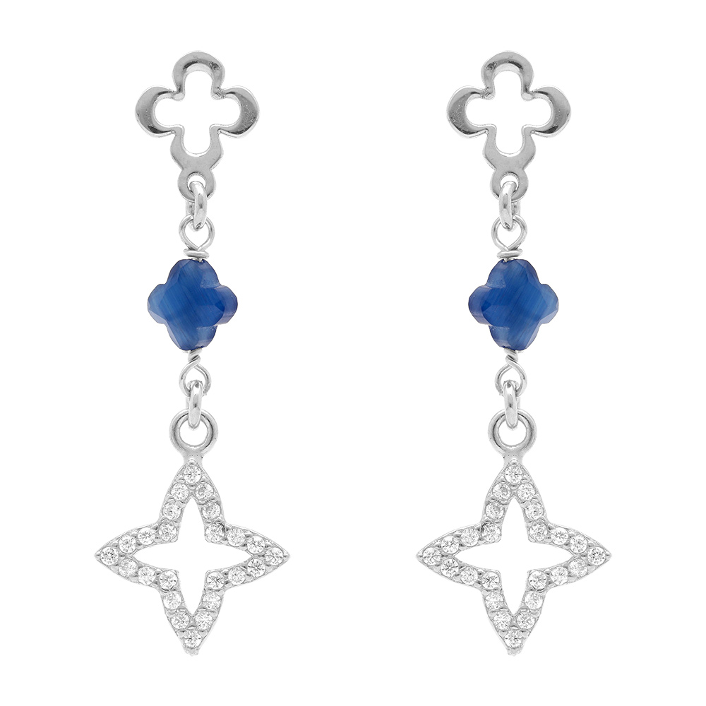 Boucles d'oreille pendante tige en argent rhodié trèfles d' oxydes blancs sertis et résine bleue