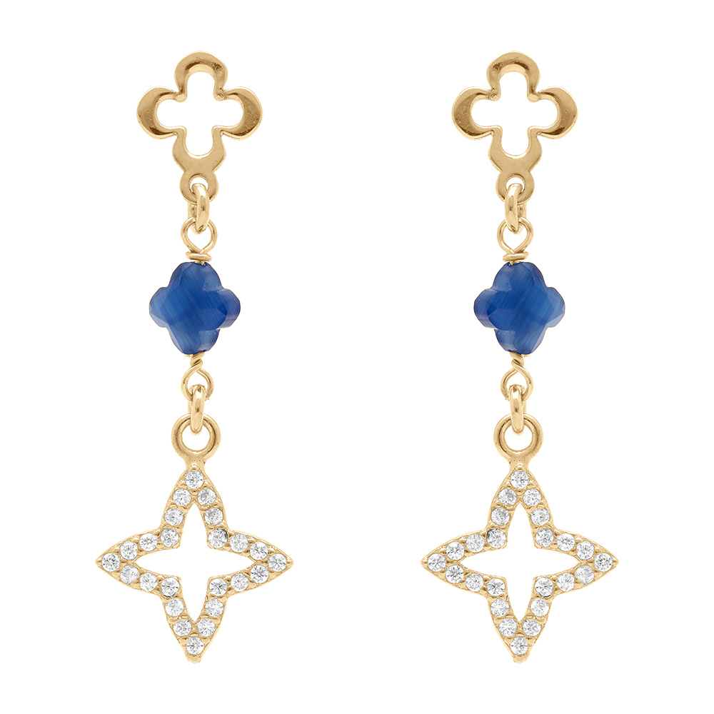 Boucles d'oreille pendante tige en argent doré trèfle doré avec  résine bleue et oxydes blancs sertis