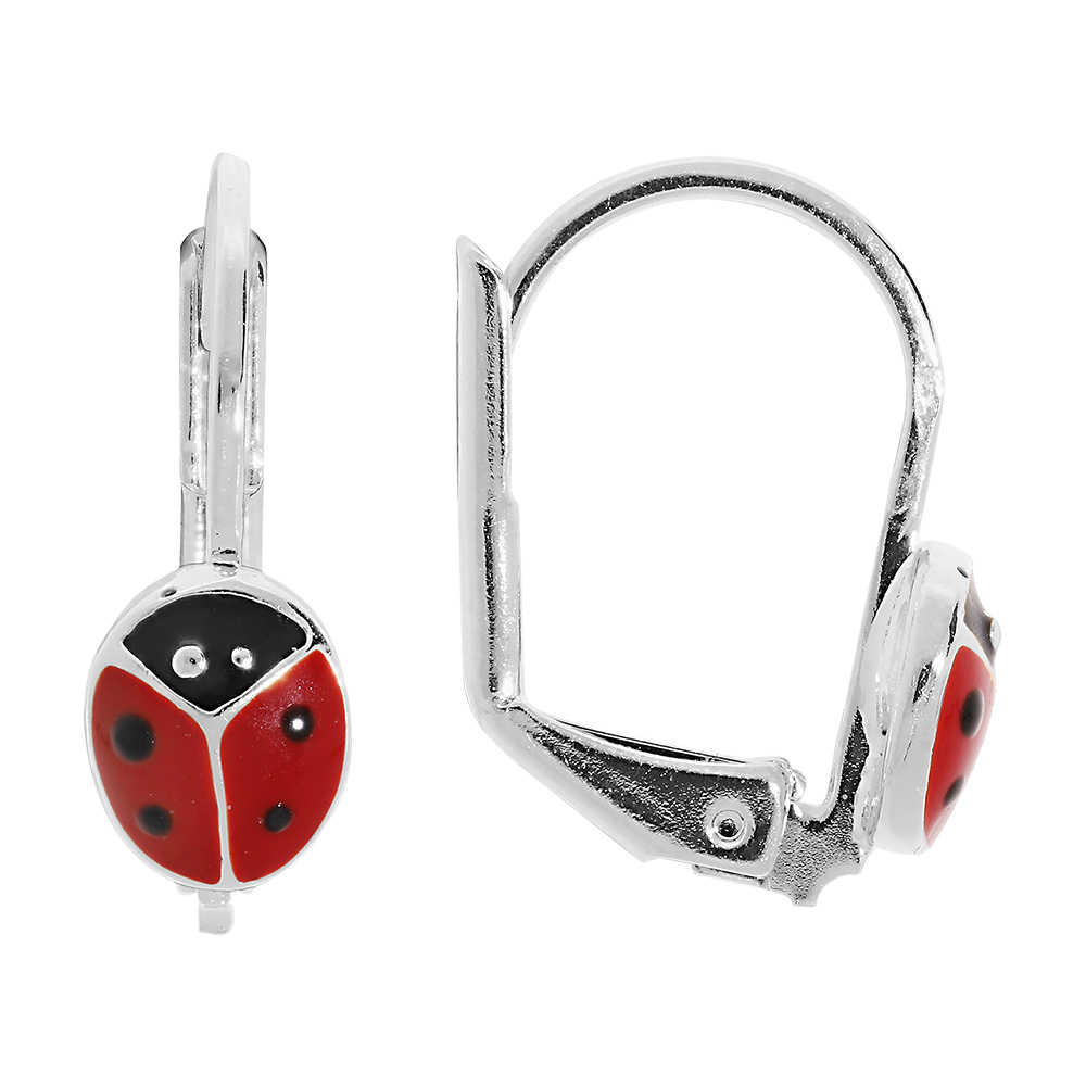Boucles d'oreille en argent rhodié coccinelle et fermoir dormeuse