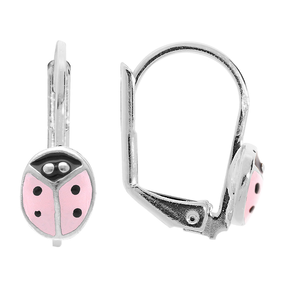 Boucles d'oreille en argent rhodié motif coccinelle résine rose - fermoir dormeuse