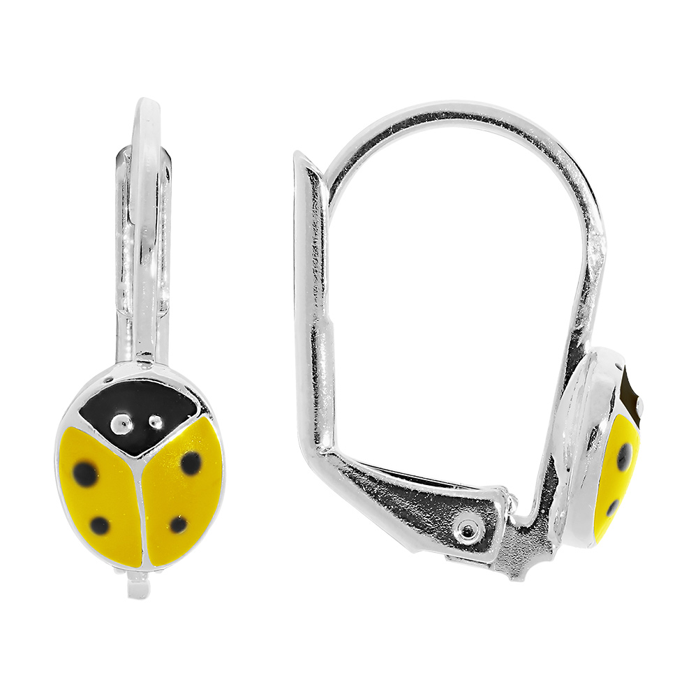 Boucles d'oreille pour enfant en argent rhodié coccinelle couluer jaune et point noir fermoir dormeuse