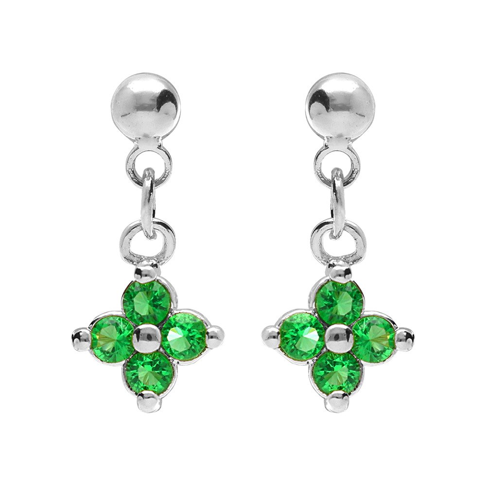 Boucles d'oreille pendantes tige en argent rhodié motif fleur d'oxydes verts