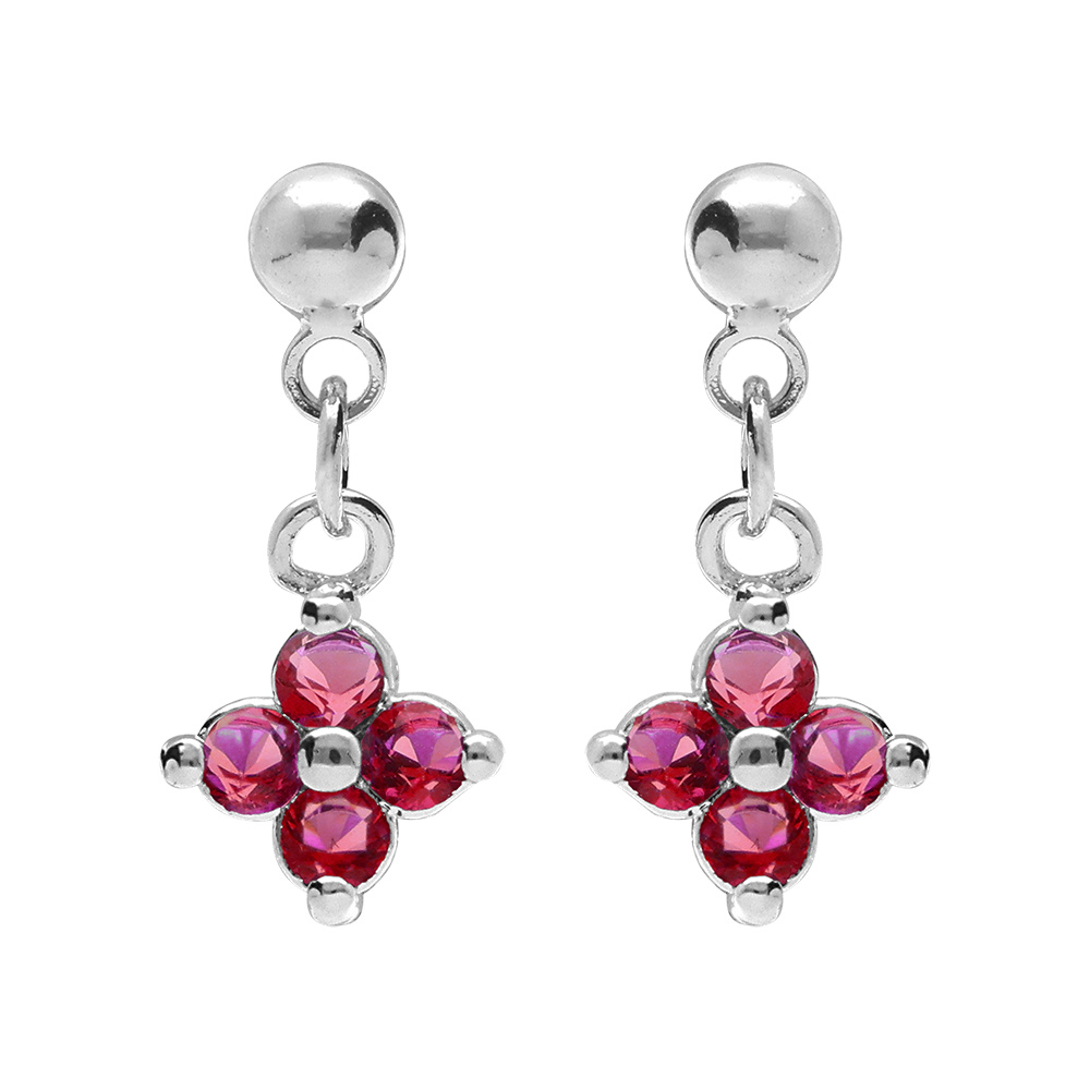 Boucles d'oreille pendantes tige en argent rhodié motif fleur d'oxydes rouges