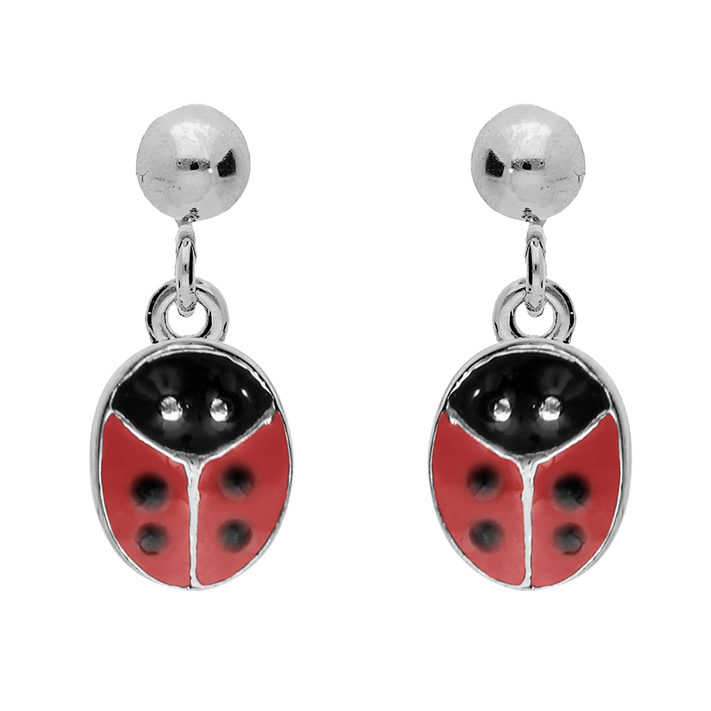 Boucles d'oreille pour enfant en argent rhodié coccinelle rouge suspendue et fermoir poussette
