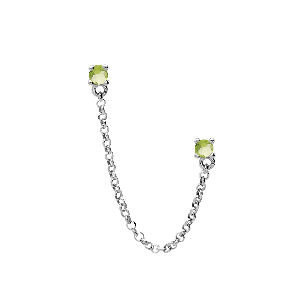 Boucles d'oreille tige en argent rhodié avec chaînette deux oxydes vert sertis (2 trous)