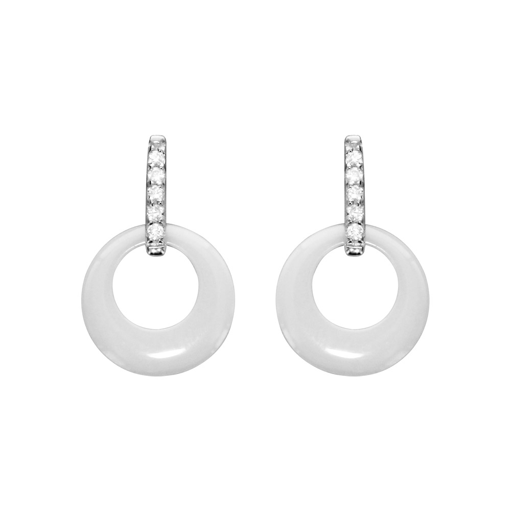 Boucles d'oreilles en argent rhodié cercle céramique blanche et oxydes blancs fermoir poussette