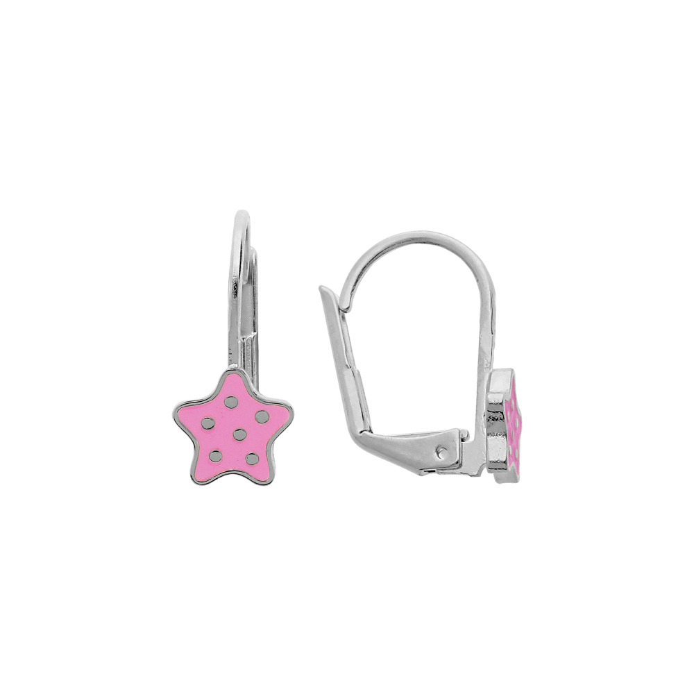 Boucles d'oreille en argent rhodié étoile rose à poids et fermoir dormeuse