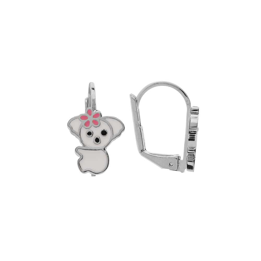 Boucles d'oreille en argent rhodié koala blanc et fermoir dormeuse