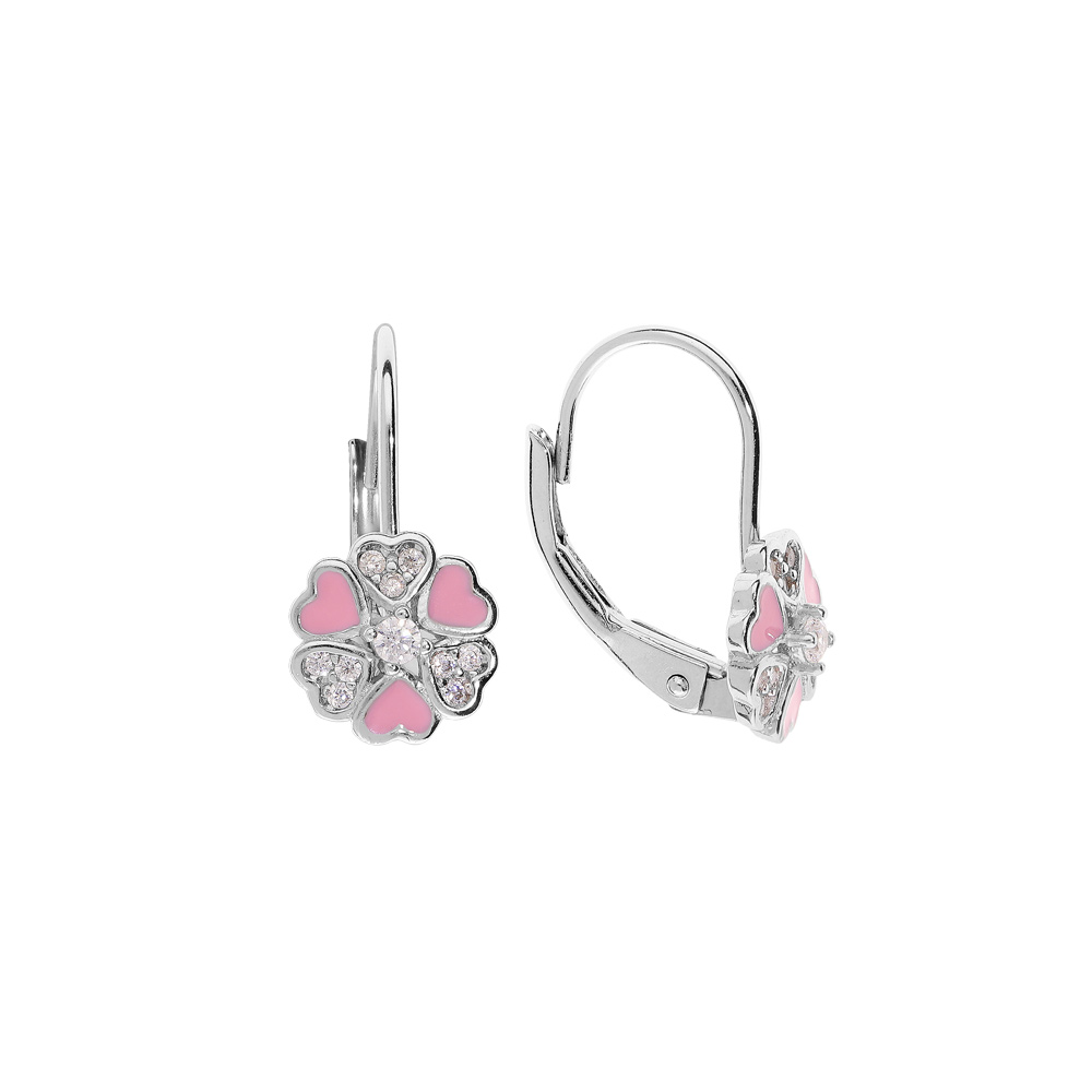 Boucles d'oreille en argent rhodié fleur rose avec coeurs oxydes blancs et fermoir dormeuse