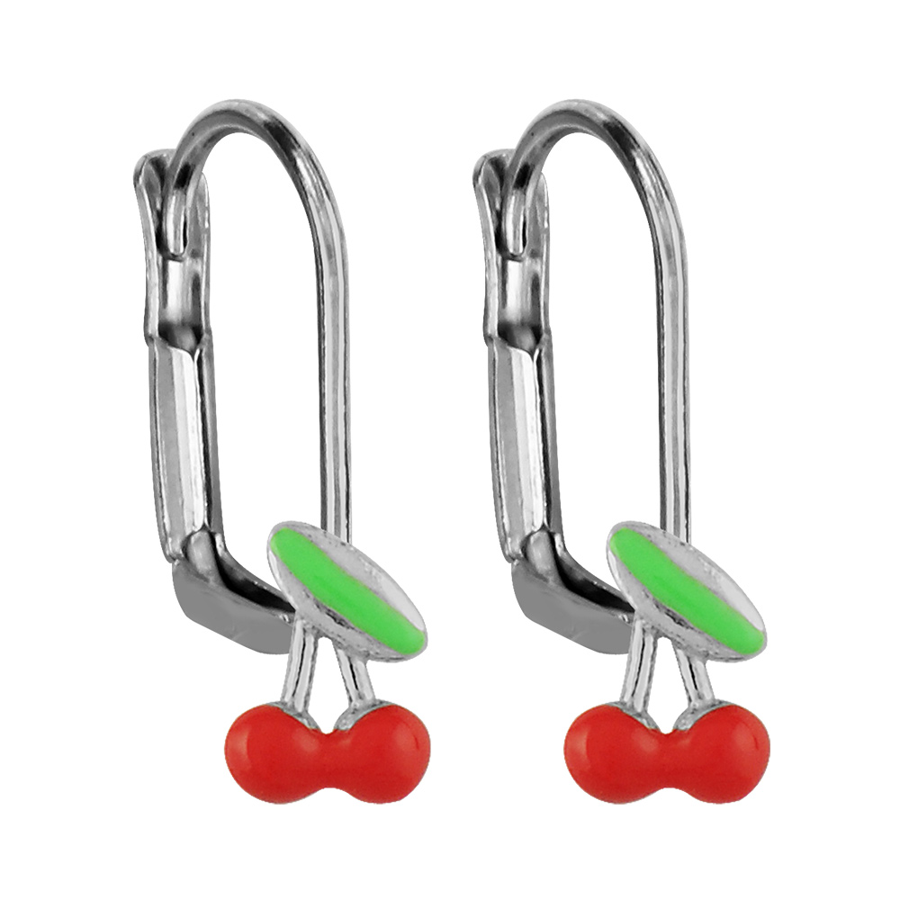 Boucles d'oreilles pour enfant en argent rhodié cerises et fermoir dormeuse