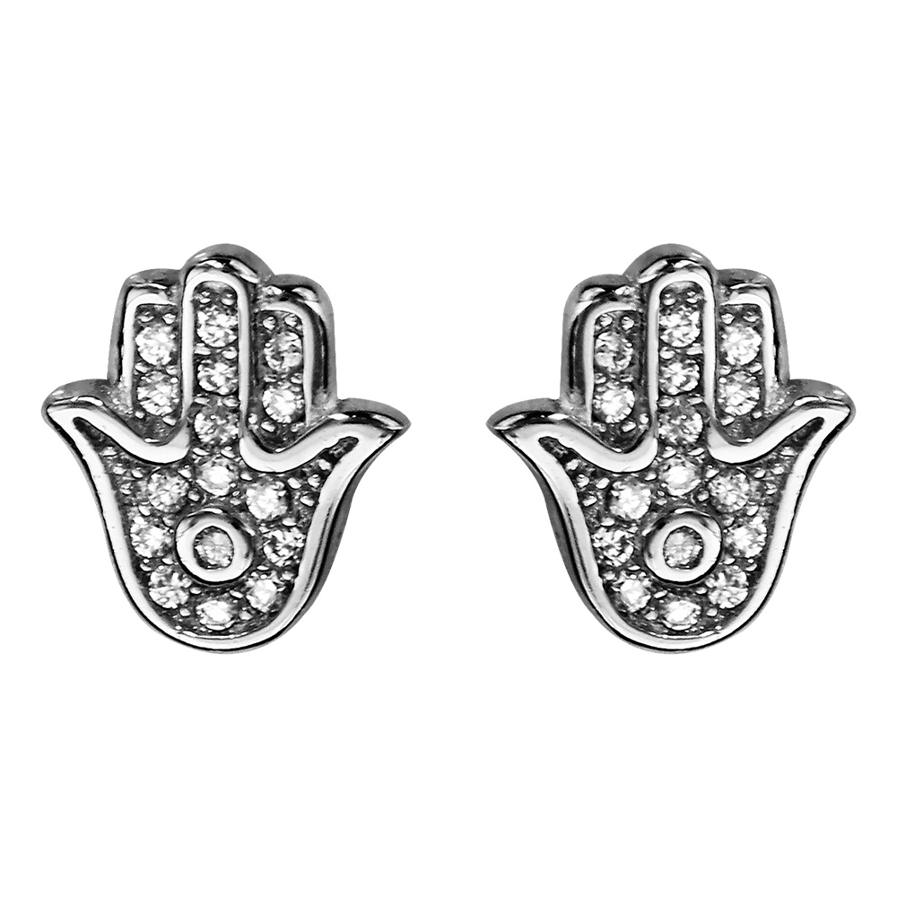 Boucles d'oreilles en argent rhodié main de Fatma ornée d'oxydes blancs et fermoir poussette