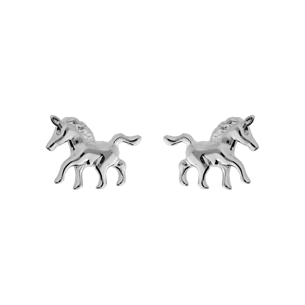 Boucles d'oreilles en argent rhodié cheval au galop et fermoir poussette